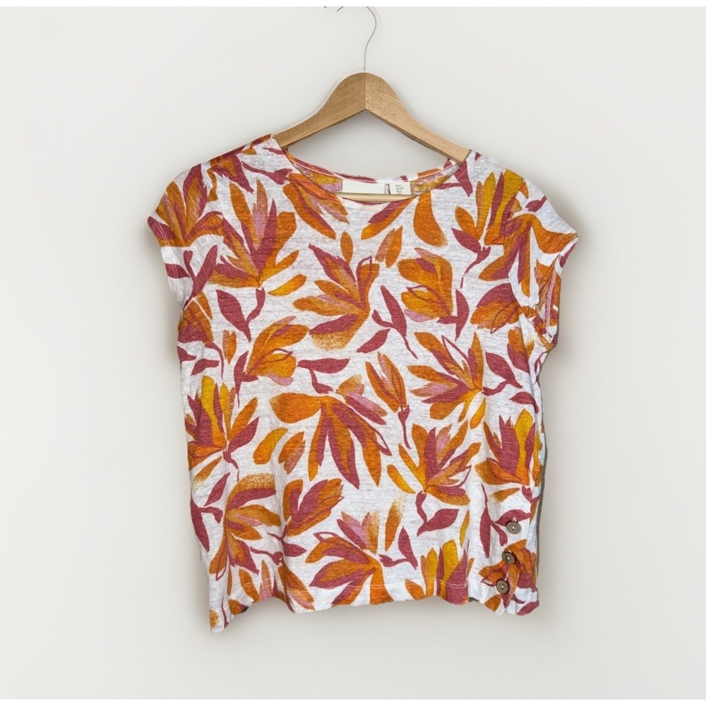 Cynthia Rowley Women Top SZ S 100% Linen Tropical Leaf Print Short Sleeve Blouse